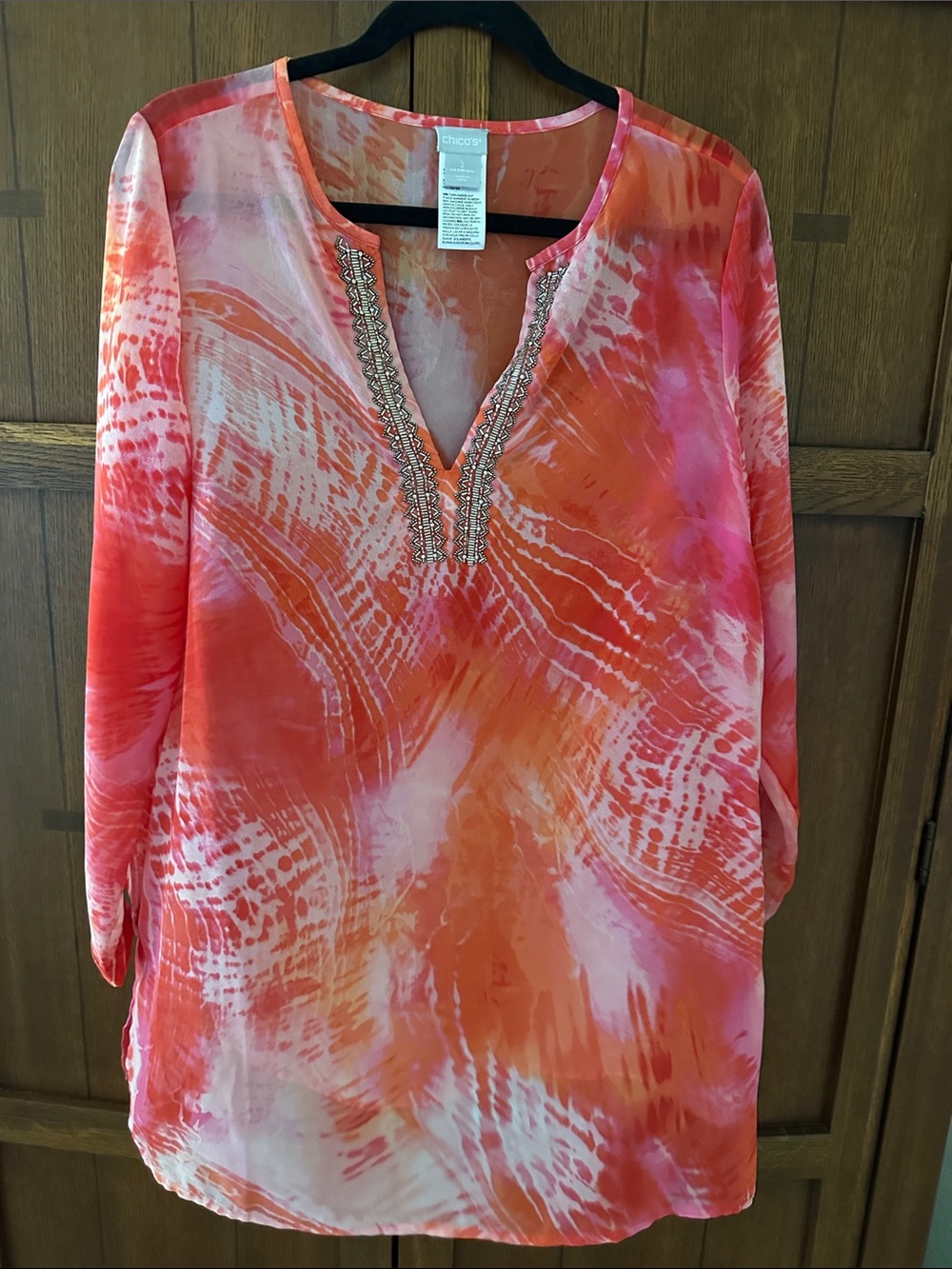 Chico's Coral and Pink Beaded V-Neck Tunic size 2/large